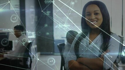 Poster - Animation of network of connections against portrait of african american woman smiling at office