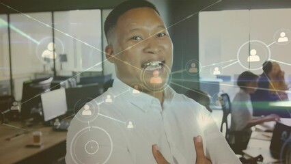 Poster - Animation of network of profile icons against portrait of african american man smiling at office