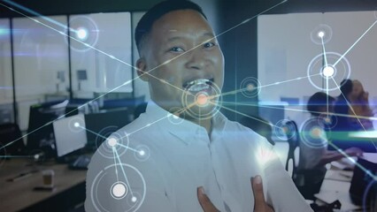 Poster - Animation of network of connections against portrait of african american man smiling at office