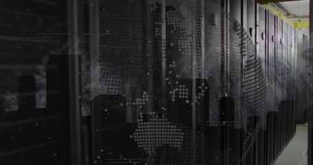 Poster - Animation of spinning globe and data processing against computer server room