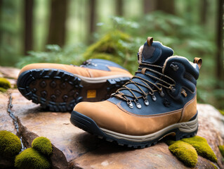 Wall Mural - Hiking boots on the forest background.