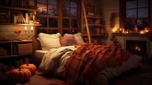 A Cozy Bedroom With Autumn-themed Bedding And Warm Lighting, The HD Camera Emphasizing The Comfort And Seasonal Charm Of This Inviting Space.