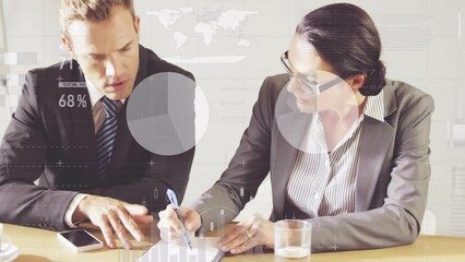 Poster - Animation of data processing against diverse businessman and businesswoman discussing at office