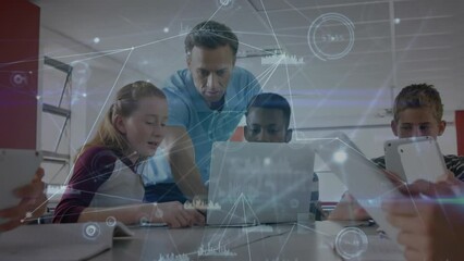 Poster - Animation of network of connections over caucasian male teacher and students using laptop at school