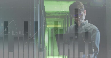 Poster - Animation of data processing against asian male engineer using laptop working at server room