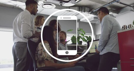 Poster - Animation of smartphone icon against team of diverse colleagues discussing together at office