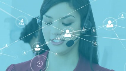 Poster - Animation of network of profile icons against biracial woman talking on phone headset at office