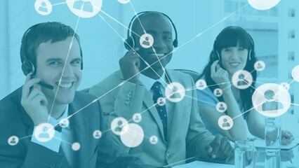Poster - Animation of network of profiles over diverse colleagues wearing phone headset smiling at office