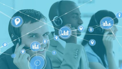 Poster - Animation of network of digital icons over caucasian man wearing phone headset smiling at office