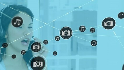 Poster - Animation of network of digital icons against biracial woman talking on phone headset at office