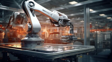 Poster - Robotic arm automation in a bustling car factory with advanced machinery.
