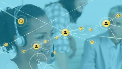 Poster - Animation of network of icons over african american woman wearing phone headset smiling at office