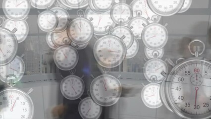 Poster - Animation of multiple stopwatches falling against time-lapse of businesspeople walking at office