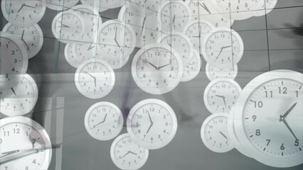 Poster - Animation of multiple ticking clocks falling against low section of businesspeople walking at office
