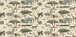 African animals in the habitat seamless pattern. Earthy color palette illustration. Exotic nature wallpaper for home decoration, fabric, postcard.