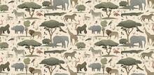 African Animals In The Habitat Seamless Pattern. Earthy Color Palette Illustration. Exotic Nature Wallpaper For Home Decoration, Fabric, Postcard.