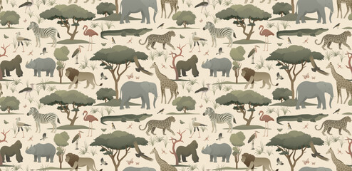 African animals in the habitat seamless pattern. Earthy color palette illustration. Exotic nature wallpaper for home decoration, fabric, postcard.
