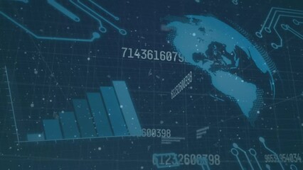 Poster - Animation of changing numbers, graph, globe, circuit board pattern over black background