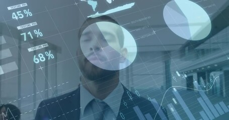 Poster - Animation of infographic interface over caucasian businessman walking with trolley bag