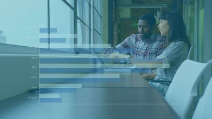 Poster - animation of graph with months name over diverse coworkers discussing reports on digital tablet