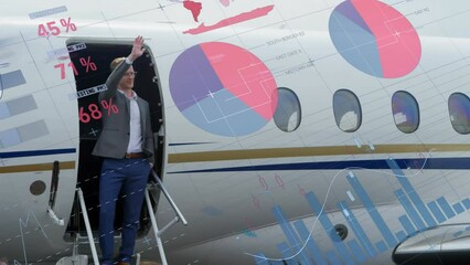 Poster - Animation of infographic interface over caucasian man standing at door of airplane and waving hand