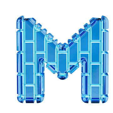 Symbol made of blue ice vertical bricks. letter m
