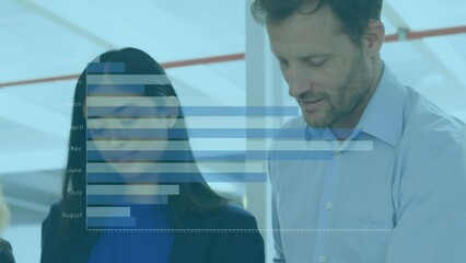 Poster - Animation of graph over diverse coworkers standing and analyzing reports in office