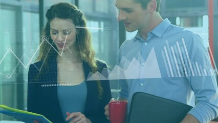 Poster - Animation of graphs, loading bars, map over caucasian coworkers standing and sharing ideas in office