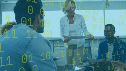 Poster - Animation of yellow binary codes, diverse coworkers discussing and distributing reports in office