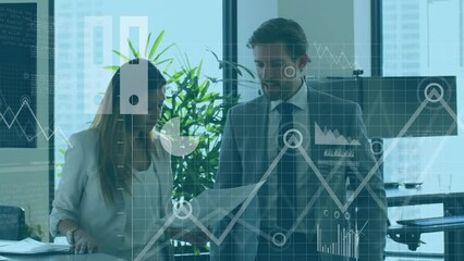 Poster - Animation of graphs, flowchart, cloud in laptop, diverse coworkers standing and discussing reports