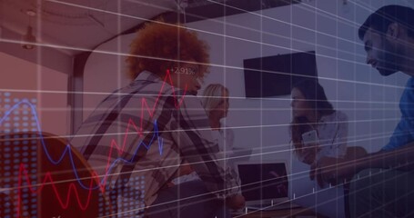 Poster - Animation of statistical data processing against two diverse men discussing at office