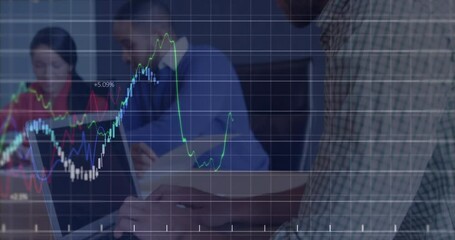 Poster - Animation of financial data processing against portrait of caucasian man using laptop at office
