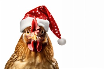 chicken wearing christmas hat on white background