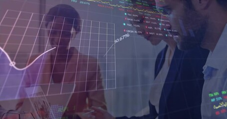 Poster - Animation of statistical, stock market data processing against caucasian man using laptop at office