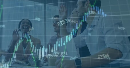 Poster - Animation of financial data processing over diverse businesspeople high fiving each other at office