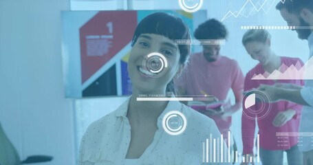 Poster - Animation of statistical data processing against portrait of biracial woman smiling at office