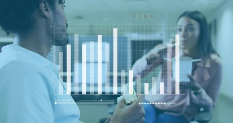 Poster - Animation of data processing against diverse man and woman discussing while having snacks at office