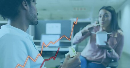 Poster - Animation of data processing against diverse man and woman discussing while having snacks at office