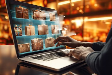 A person using a laptop computer with a festive holiday theme on the screen