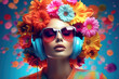 hippie woman with headphones and sunglasses wearing a colorful flower head band