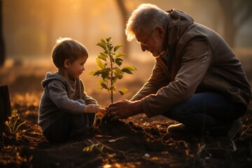 An older man and a young boy are planting a tree.