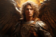 A Young Man Dressed In Armor With Wings. Archangel Michael.