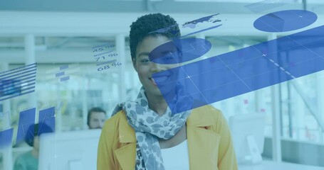 Poster - Animation of financial data processing over african american businesswoman in office