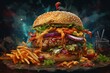 deluxe burger with beef, cheese, veggies, shrimp, and hummer in a digital art background for a magazine. Generative AI