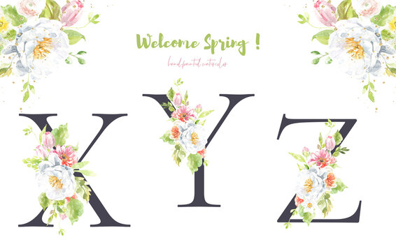Watercolor Black,charcoal floral alphabet. Spring flowers letters monogram initials illustration. Botanical, rose peony bouquet, green, garden decor. Spring wedding stationery greeting card, rsvp