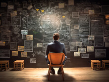 Back view of a businessman looking at chalkboard with scribbles and business ideas and strategies.
