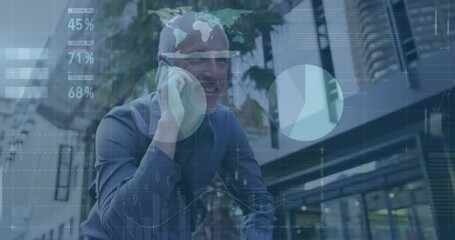Poster - Animation of financial data processing over caucasian man using smartphone