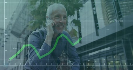 Poster - Animation of financial data processing over caucasian man using smartphone