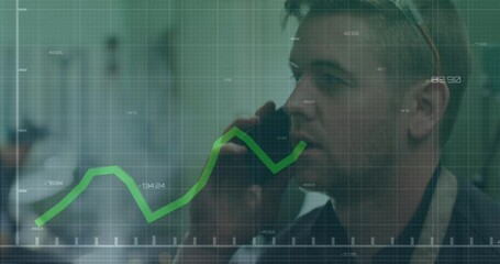 Poster - Animation of green lines financial data processing over caucasian man on smartphone