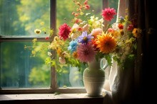 Colorful Flowers In A Vase By The Window. Generative AI